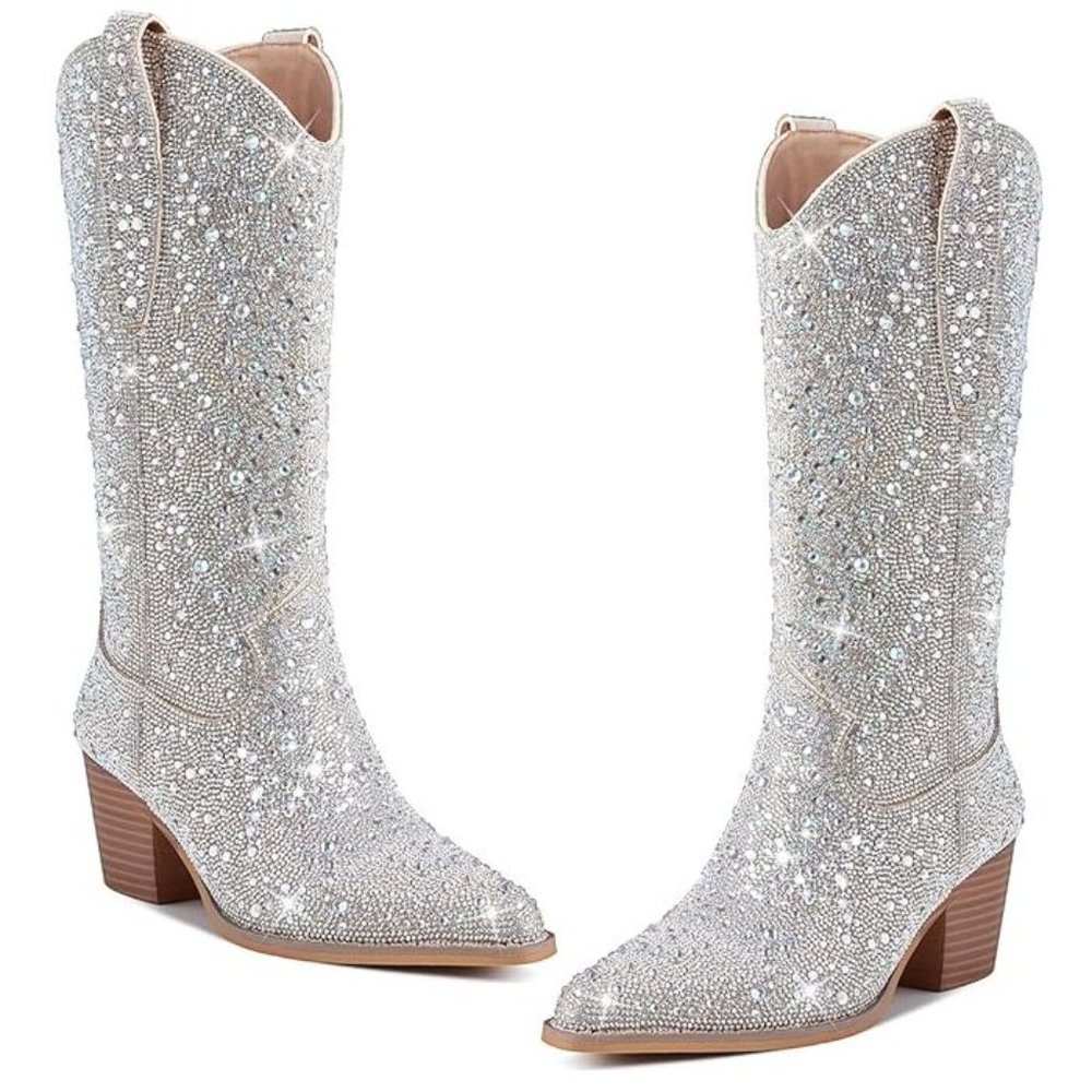 NWT Sparkling Bling Swarovski Crystal PINK Women Knee High Cowboy Boots … - Picture 7 of 9
